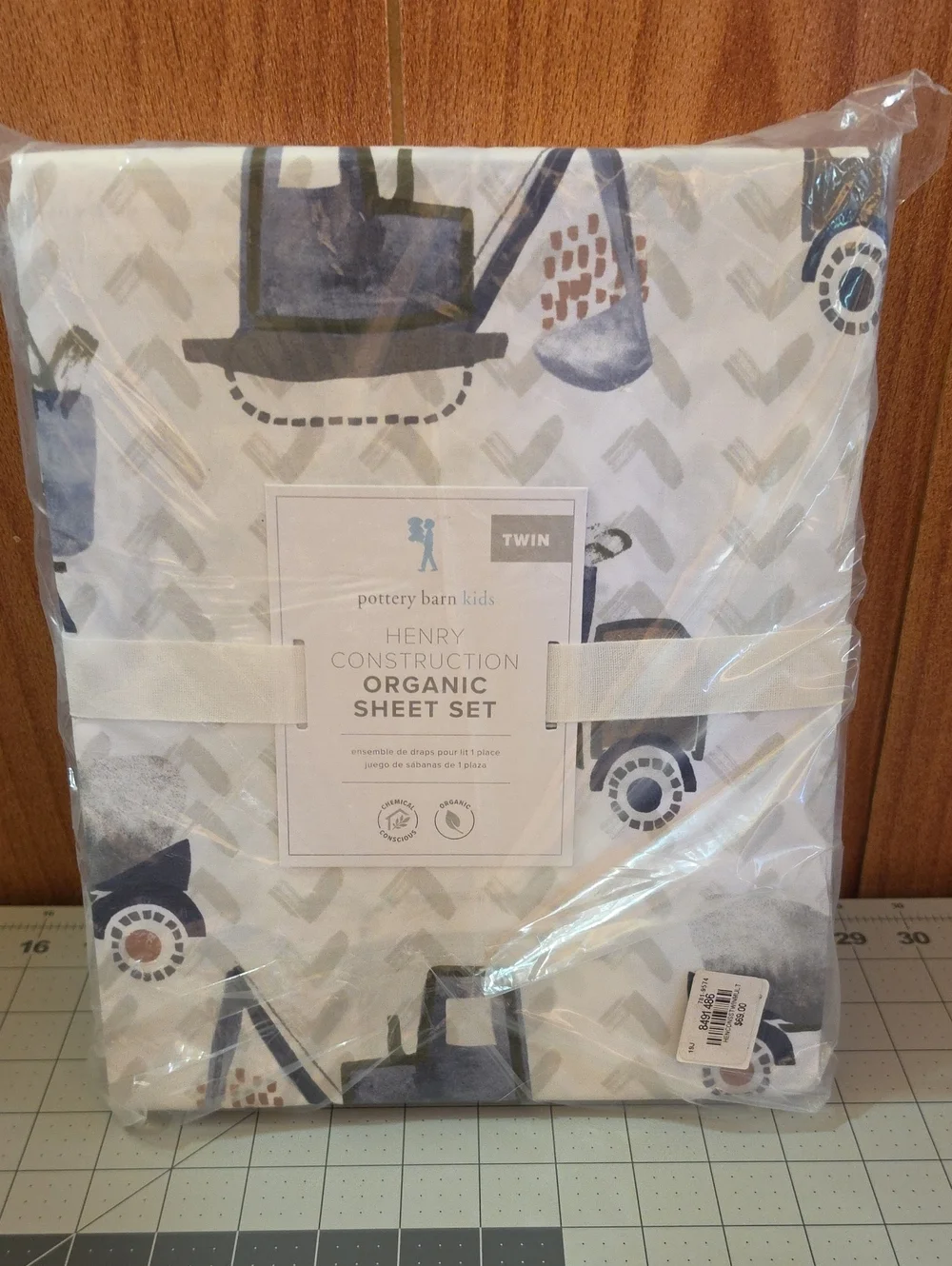 Pottery Barn Kids Construction Print Organic Twin Sheet Set - Blue, Gray, Cream
